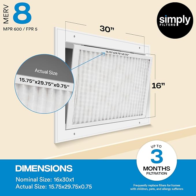 Simply 16x30x1 Air Filter, Merv 8, 6 Pack,