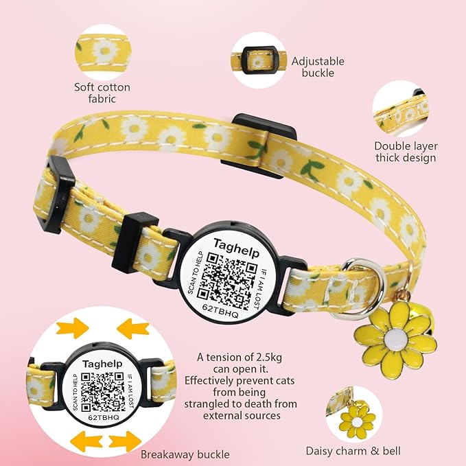4 PCS Cute Flower Cat Collar with QR Code ID, 4-Pack Safety Breakaway Kitten Collars Set with Bell, Adjustable Gift for Cat Lovers