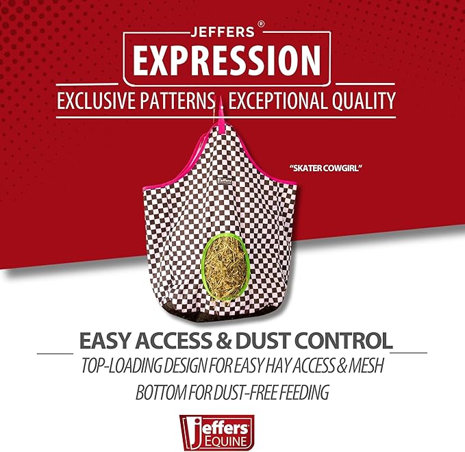 Jeffers Expression Top Loading Hay Bag for Horses & Livestock – Durable 600 Denier, Water Resistant Hay Feeder with Mesh Bottom for Stall, Trailer & Travel – Horse Feeding Supplies - Skater Cowgirl