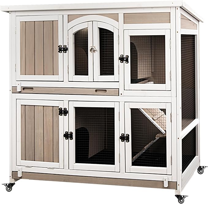 47"L Rabbit Hutch Indoor Wooden 2 Story Rabbit Large Bunny Hutch Outdoor Bunny Cage on 4 Metal Wheels and 2 Deeper Pull Out Trays, Ramp,Guinea Pig Pet House for Small to Medium Animals,Grey