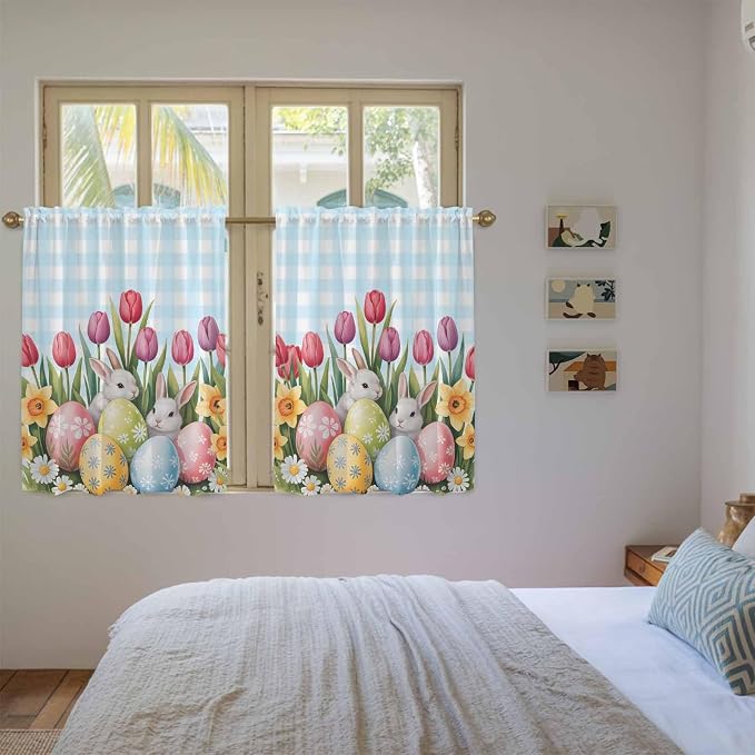 Easter Kitchen Tier Curtains 45 Inch Long 2 Panel Set, Rod Pocket Short Window