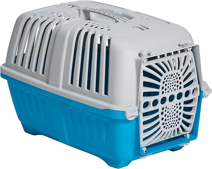MidWest Homes for Pets Spree Travel Carrier – Hard-Sided Dog & Cat Carrier, Small Pet Travel Crate with Handle, Ventilated Design, Durable Plastic Door, Easy Assembly, 19-Inch, Blue