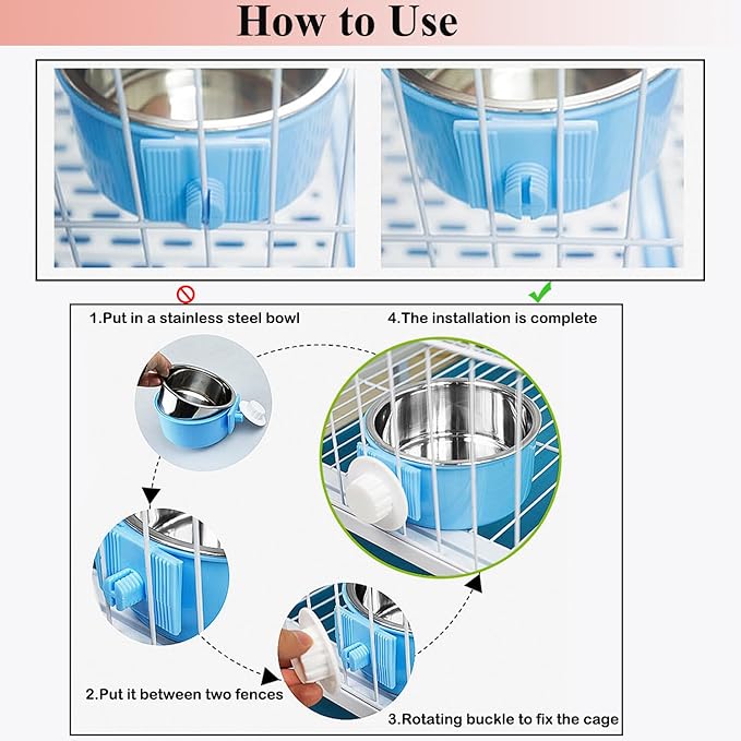 3 Pieces Crate Dog Bowl, Removable Stainless Steel Pet Kennel Hanging Food Water Feeder Bowl Cage Coop Cup for Puppy Medium Dog Cat Rabbit Ferret Bird (Blue,Red,Green)