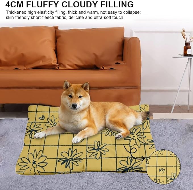 Grid Floral Yellow Vintage Dog Bed Furniture Mattress for Dog Bed Pad Washable Crate Washable Non-Slip Puppy Crate for Kennel Mats Crates Pillows Medium Dogs Indoor Outdoor 36X24 Inch