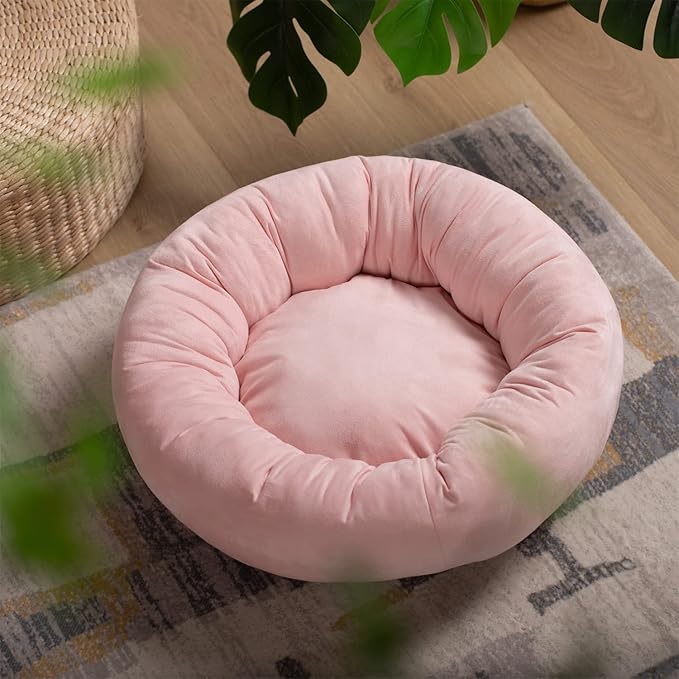 KASENTEX Round Dog Bed for Small Dogs and Puppies - Donut-Shaped, Anti-Slip, Machine Washable Cat Bed (Pink, 20x20 Inches)