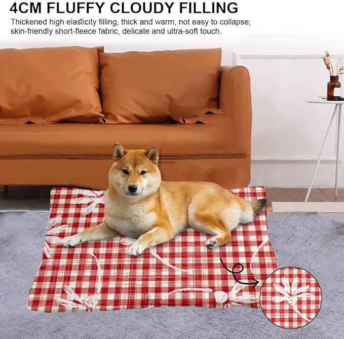 Red Floral Plaid Classic Dog Beds and Furniture Dog Travel Mat Pads Large Crate Bedding Washable Non-Slip Cushion for Crate Teal Bed Mats Cage for Small Pets Indoor Outdoor 36X24 Inch