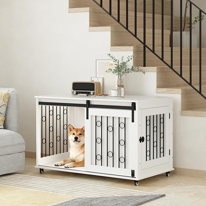 39.37'' Modern Wooden Dog Crate Furniture with Sliding Barn Door and Side Door, Indoor Dog Kennel End Table for Small to Medium Dogs, Decorative Pet Crate with Metal Bars and Lockable Wheels