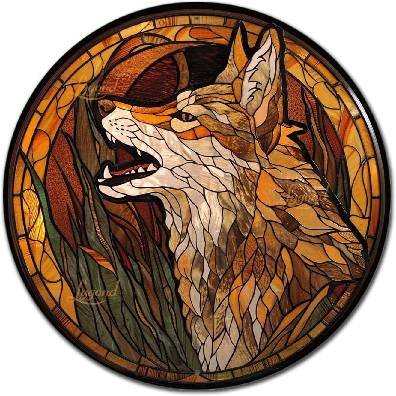 Lygond Metal Sign Tin Sign Circular Stained Glass Coyote Signs for Garden for Pub 12×12 Inches