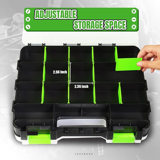 Tool Box with Transparent Lid, Double Side 34-Compartments Organizer Box with Removable Dividers for Hardware, Screws, Bolts, Nails, Beads, Jewelry and Fishing Accessories, Green, 2 Pack