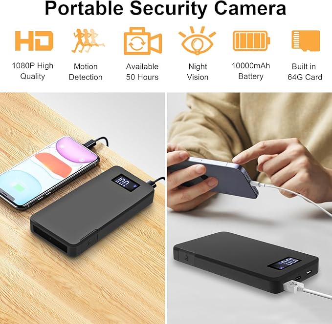 1080P Power Bank Video Recorder, Portable Camera with Motion Detection and Night Vision, Loop Recording Small Security Cam for Home Office Meeting, No WiFi Function