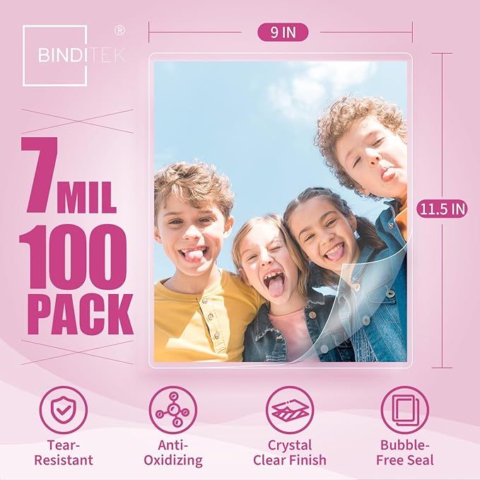 Binditek 100 Pack 7 Mil Thermal Laminating Pouches, 9x11.5 Inches Laminating Sheets, for Letter Size, Ultra Clear, Glossy, Hold 8.5x11 Inches, Heat Seal, School Office Supplies