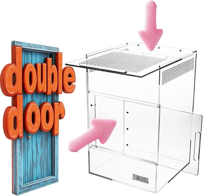 Jumping Spider Enclosure - Acrylic Terrarium Habitat for Spiders, Tarantulas, Snail, Mantis, Lizard, and Small Reptiles, Dual Sliding Doors (5.7x5.7x9 inch)