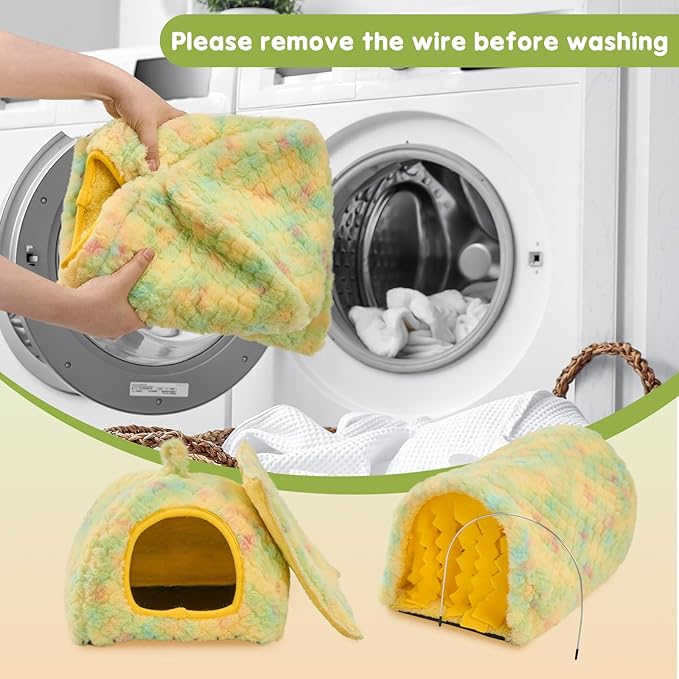 Avont 2 Pack Guinea Pig Hideout Bed and Tunnel Toys Set with Curtain, Washable Soft Plush Bunny Hideaway House Tube Cage Accessories for Small Animal Pet, Rabbits Chinchilla Hamster Ferret Rat -Yellow