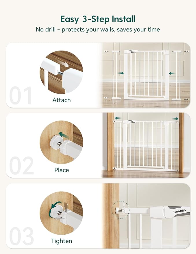 Babelio 36" Tall Baby Gate, PressGuard P7, 29-48" Auto Close Pressure Mounted Dog Gate for Stairs, Doorways & Hallway, Protector Basics Easy Walk Thru Pet Gate, White