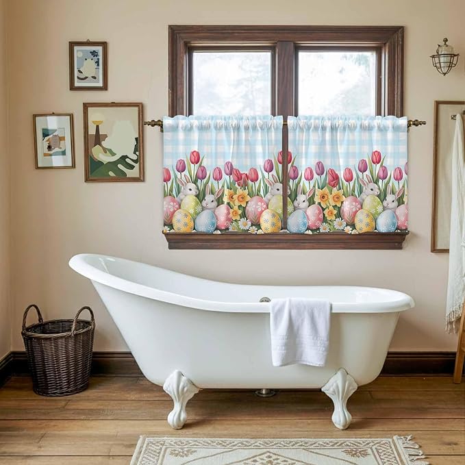 Easter Kitchen Tier Curtains 24 Inch Long 2 Panel Set, Rod Pocket Cafe Small