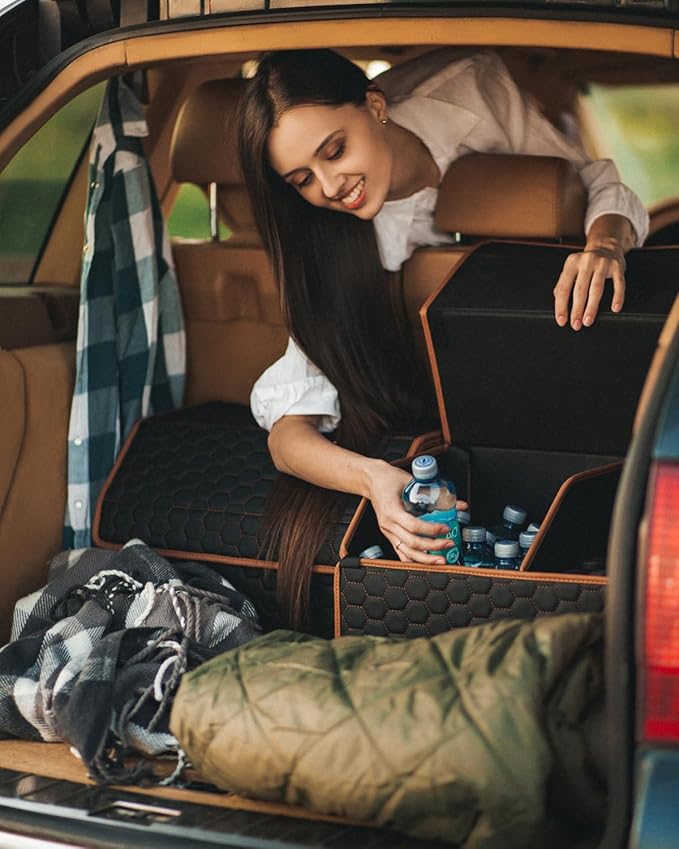 Owleys Rear Cargo Organizer For SUV | Set Of 17.7" & 21.6" Eco-Leather Crates | Foldable Car Storage With Magnetic Lids | Durable Car Trash Bin & Tote | Stylish Gifts For Boyfriend | Black-Brown