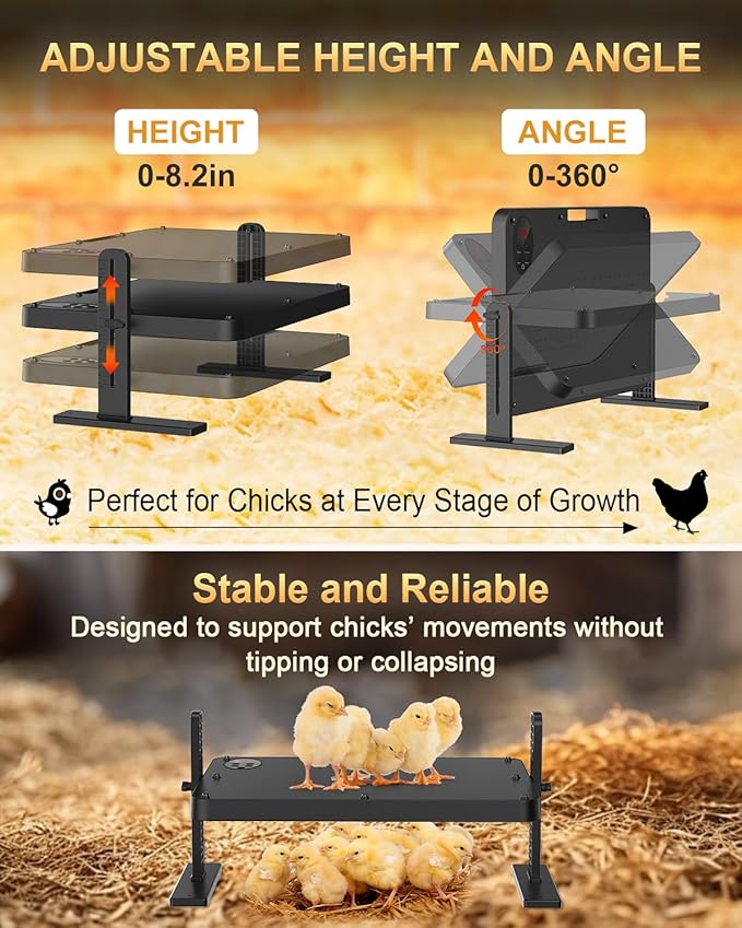 Chick Brooder Heater with Adjustable Temp (86~194℉) & 12H Timer & Height & Angle, Rapid-Heating Heat Plate for Chicks with Remote Control, 16"x12" for 30 Chicks, Brooder Plate for Young Poultry