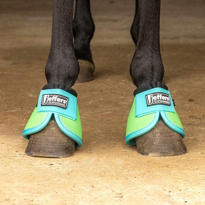 Jeffers Expression No Turn Bell Boots for Horses - Lime & Turquoise, Large | Shock Absorbing Hoof Protection | Secure Double Hook & Loop Closure, Perfect for Turnout, Training, & Riding - 1 Pair