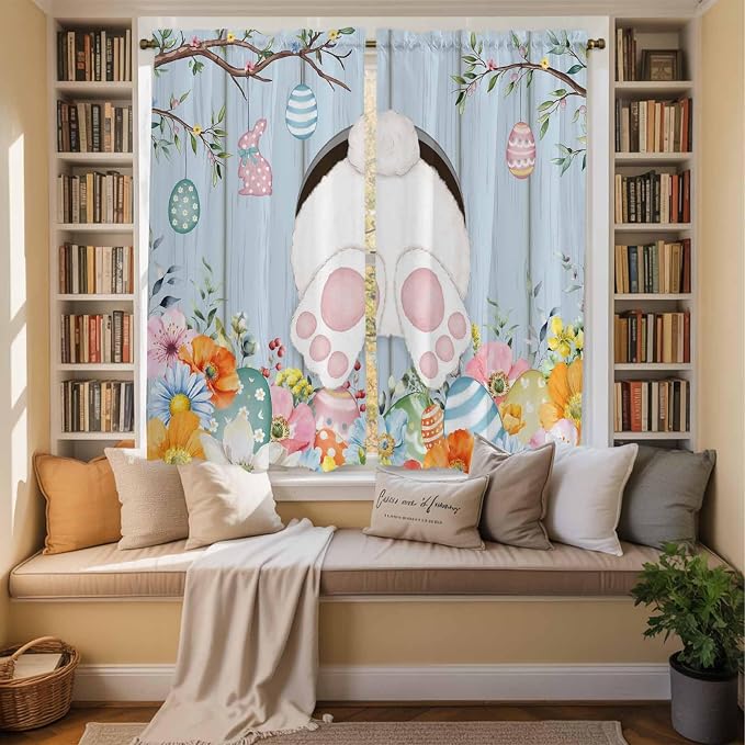 Easter Window Curtains 63 Inch Long 2 Panel Set, Rod Pocket Bedroom Curtains &