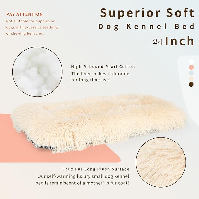 nononfish Dog Crate Bed for Small Dogs Washable Orthopedic Flat for Inside Crate Cages Kennel House Sofa Plush Comfy Sleeping Beige,24 in