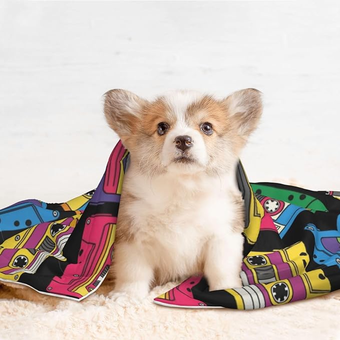 Reversible Dog Blanket for Beds Couches, Colorful Retro Cassette Pattern, Double Sided Cat Blanket with Textured Dot Feel and Smooth Feel for Seasonal Comfort All Year