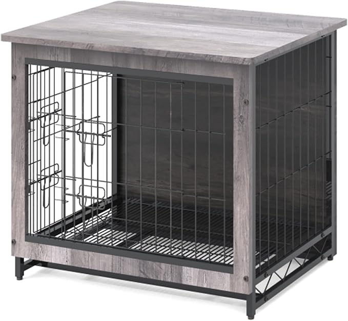 Feandrea 38.6" Dog Crate Furniture, Indoor Dog Cage Side End Table, XL Pet Wood Kennel for Large and Medium Dogs up to 70 lb with Multi-Purpose Removable Tray, Double-Door Pet House, Greige
