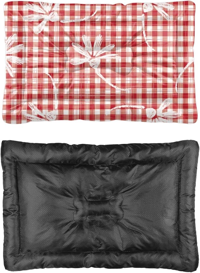 Red Floral Plaid Classic Backseat Dog Bed Non-Slip Mat for Dog Crate Crate Pads Pillow for Cages Washable Non-Slip Bed Small Cute Mat Pillows Indoor Outdoor 24X18 Inch