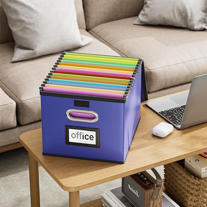 Huolewa Decorative Leather File Organizer Storage Boxes with Lids Set of 4, Document Boxes Organizer, Filing Boxes, Decorative Small File Boxes for Hanging Files, File Cabinet for Office/Home - 4 Pack