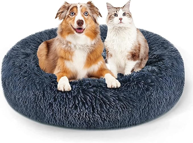 Original Calming Donut Dog and Cat Bed in Shag Fur, Dog Beds for Melium Dogs, Anti Anxiety Round Fluffy Plush Faux Fur Pet Bed (Dark Grey, XXX-Large)