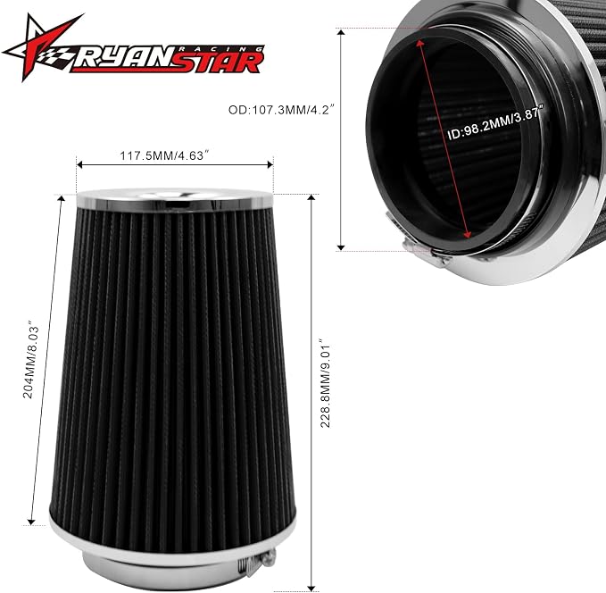RYANSTAR 102mm 4" High Flow Round Tapered Cone Cool Air Filter Cleaner