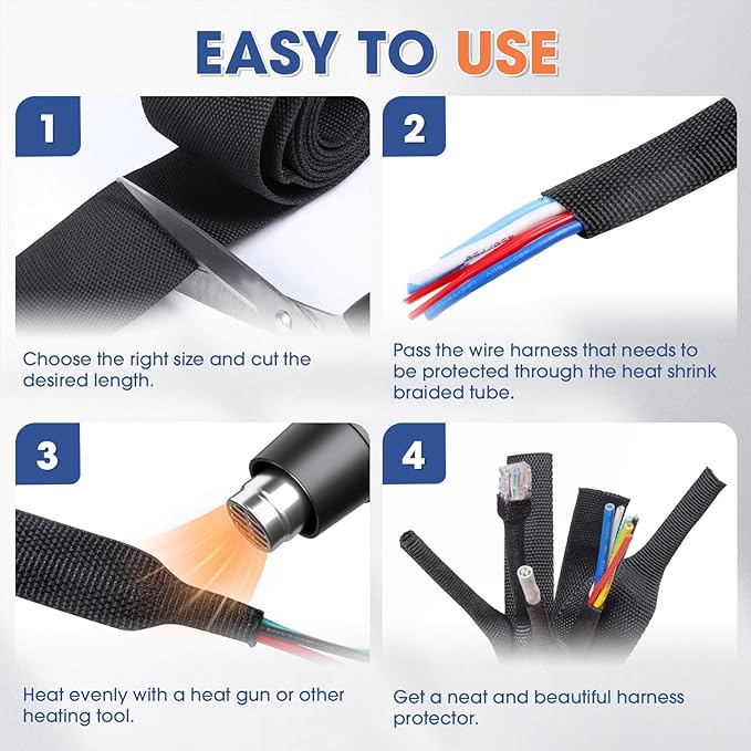 2:1 Heat shrinkable Braided Sleeving Fabric Wire Loom High Temp Heat Shrink Wiring Harness Abrasion Protector Cable Sleeve(3/8"-34ft)