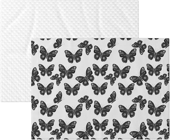 Reversible Plush Throw for Dogs and Cats, Butterflies Black and White, Double Sided Blanket with Nubby Dot Side and Sleek Side Ideal for Cuddling Nesting Security