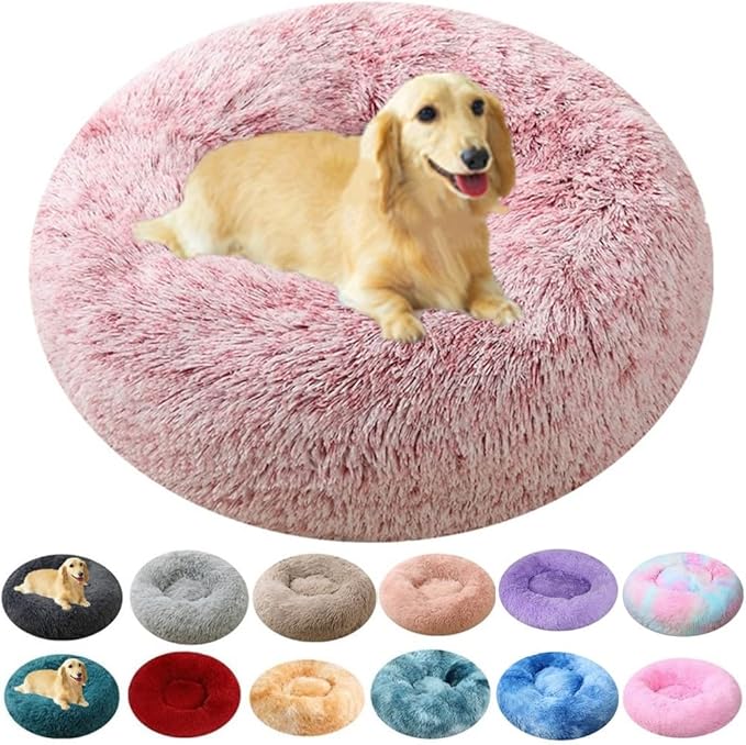 Calming Small Dog Bed Pink Cat Bed, 20 Inch Donut Fluffy Anti-Anxiety Round Bed Washable Cute Bed, Cuddler Warming Cozy Soft Bed, Plush Cushion Bed for Small Medium Dogs and Cats (Rose White)