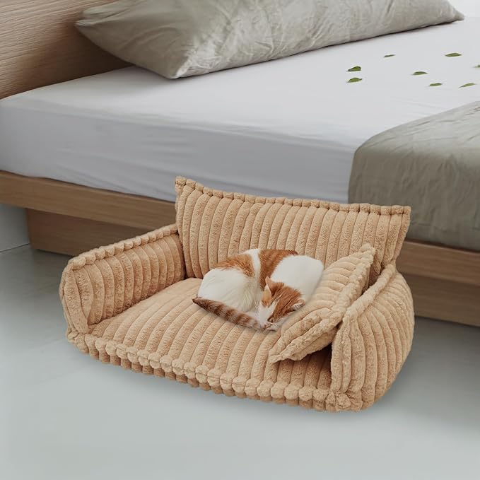 Pet Couch Calming Bed, Pet Couch with Removable Washable Cover, Plush Pets Sofa for Indoor Use, Supportive Orthopedic Dog Bed (Camel Color)