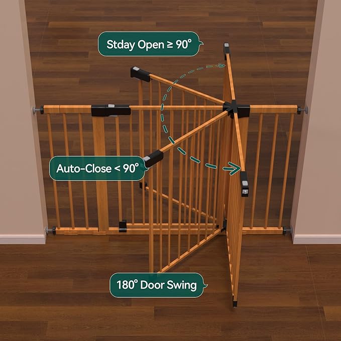BABELIO 29-48" Metal Baby Gate with Brown Wood Pattern, Auto Close Dog Gate PressGuard P7 for The House, Stairs and Doorways, Pressure Mounted Pet Gate with Door, Safety Gate for Child and Pets