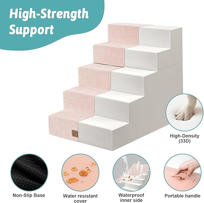 Dog Stairs for Small Dogs, 17.7" Extra Wide Detachable Pet Stairs for Couch and Bed, 23.6" H Non-Slip Dog Steps for Puppies and Old Cats, 17.7x29.5x23.6 inch, Pink