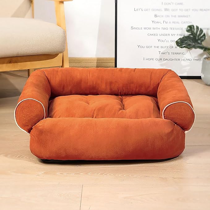 Suede Sofa Dog Bed, Multiple Sizes Orthopedic Memory Foam Mattress, Durable and Calming, Washable Dog Bed with Anti-Slip Bottom L Orange