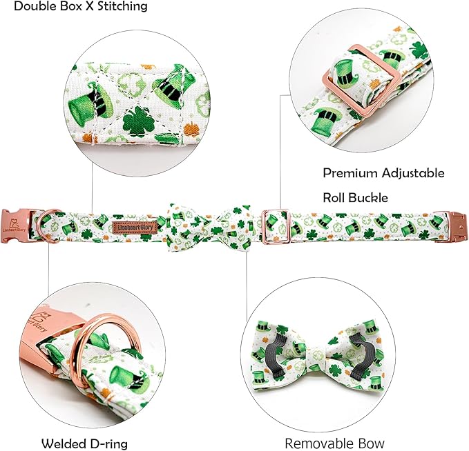 Lionheart Glory St. Patrick's Day Dog Collar - Adjustable Green Collar with Lucky Clover Shamrock Bow for X-Small Dogs