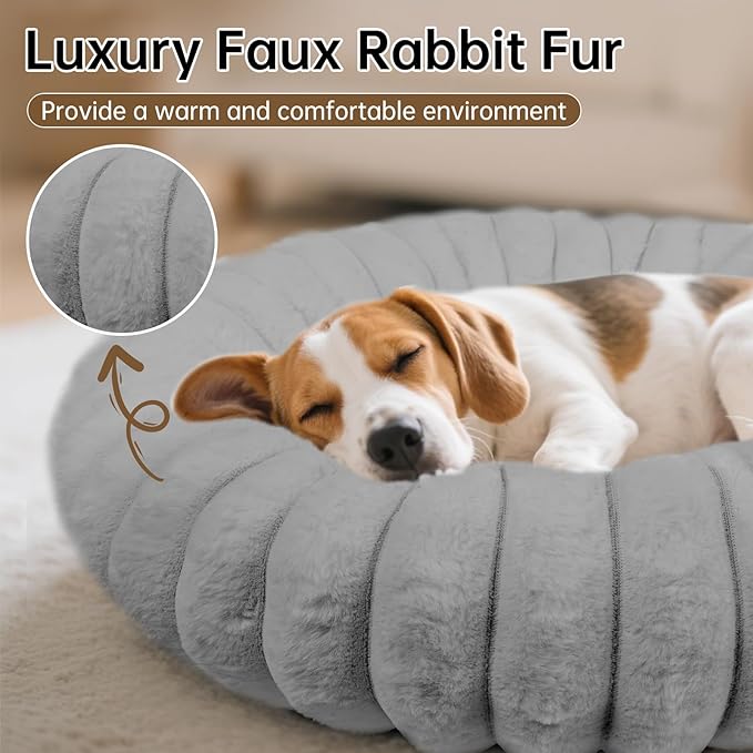 Donut Dog and Cat Bed, Luxurious Comfortable Faux Rabbit Fur Pet Beds, Round Anti-Anxiety Calming Puppy Kitten Bed with Anti-Slip Bottom for Small Medium Dogs & Cats(36", Grey)