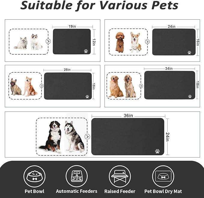 Dog Food Mat - Absorbent Cat Mat for Food and Water, No Stains Pet Feeding Bowl Mat, Easy to Clean Pet Placemats, Quick Dry Dog Water Dispenser Mat for Messy Drinkers | Paw Black 12"x 19"