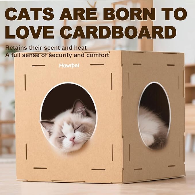 DIY Cardboard Cat House with Scratching Pad, Cat Tower Indoor Play House, Versatile Cardboard Cat Tunnel Box for One or More Pets, Indoor Use Rabbit Hideout Cave Castle Brown, 6 Parts