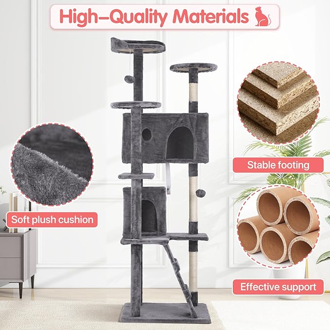 70in Cat Tree Cat Climbing Tower with Scratching Post, Cats House Perch Kitten Tree Condo Wood Playhouse, Pet Trees Tower for Indoor Cats, Light Gray