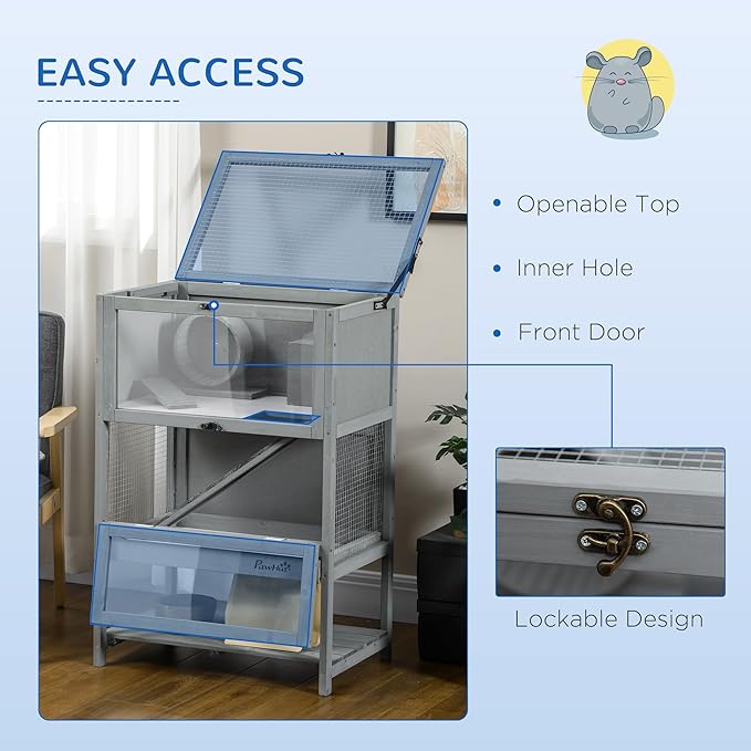 PawHut Wooden Hamster Cage with Storage Shelf, Large Rat Mouse Habitat Including Seesaw, Small Animal Cage with Sliding Tray, Wide Ramp for Racing, Running Wheel, 35.5" H