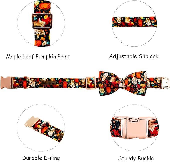 Fall Dog Collar, Leaf Pumpkin Print Adjustable Pet Collar Cute Cotton Soft Collars with Bow Tie Metal Buckle Holiday Puppy Collars Boy&Girl Gift for X-Large Dogs
