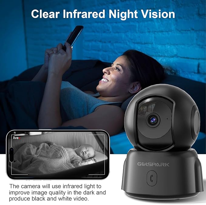 GOLSPARK 2K Indoor Security Camera for Baby Monitor, 2.4GHz WiFi 360 Pet Camera with Night Vision Motion Tracking Detection Two-Way Audio Sleep Mode SD Card Cloud Storage, Black