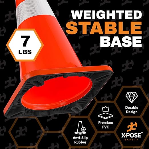 Xpose Safety 28 Inch Orange Traffic Cones with 6" & 4" Collars, 12-Pack - Multipurpose PVC Plastic Safety Cone for Parking, Soccer, Caution, Kids and Construction - DOT Approved