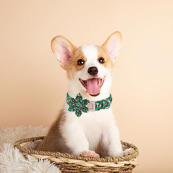 MR. CHUBBYFACE St.Patrick's Clover Dog Collar with Flower, Pink Green Clovers Shamrock Adjustable Dog Collar, Cute St.Patrick's Collar for Small Medium Large Dogs
