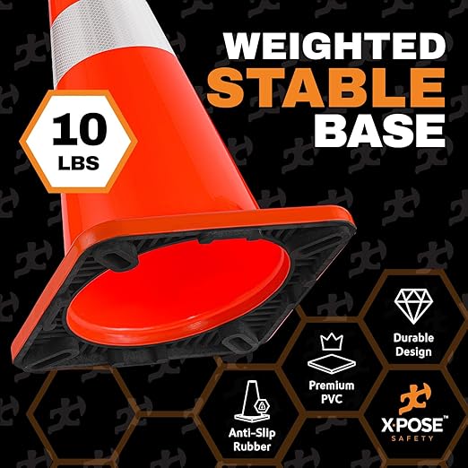 Xpose Safety 28 Inch Orange Traffic Cones Heavy Duty 10lb with 6" & 4" Collars, 1-Pack - Multipurpose PVC Plastic Safety Cone for Parking, Soccer, Caution, Kids and Construction - DOT Approved
