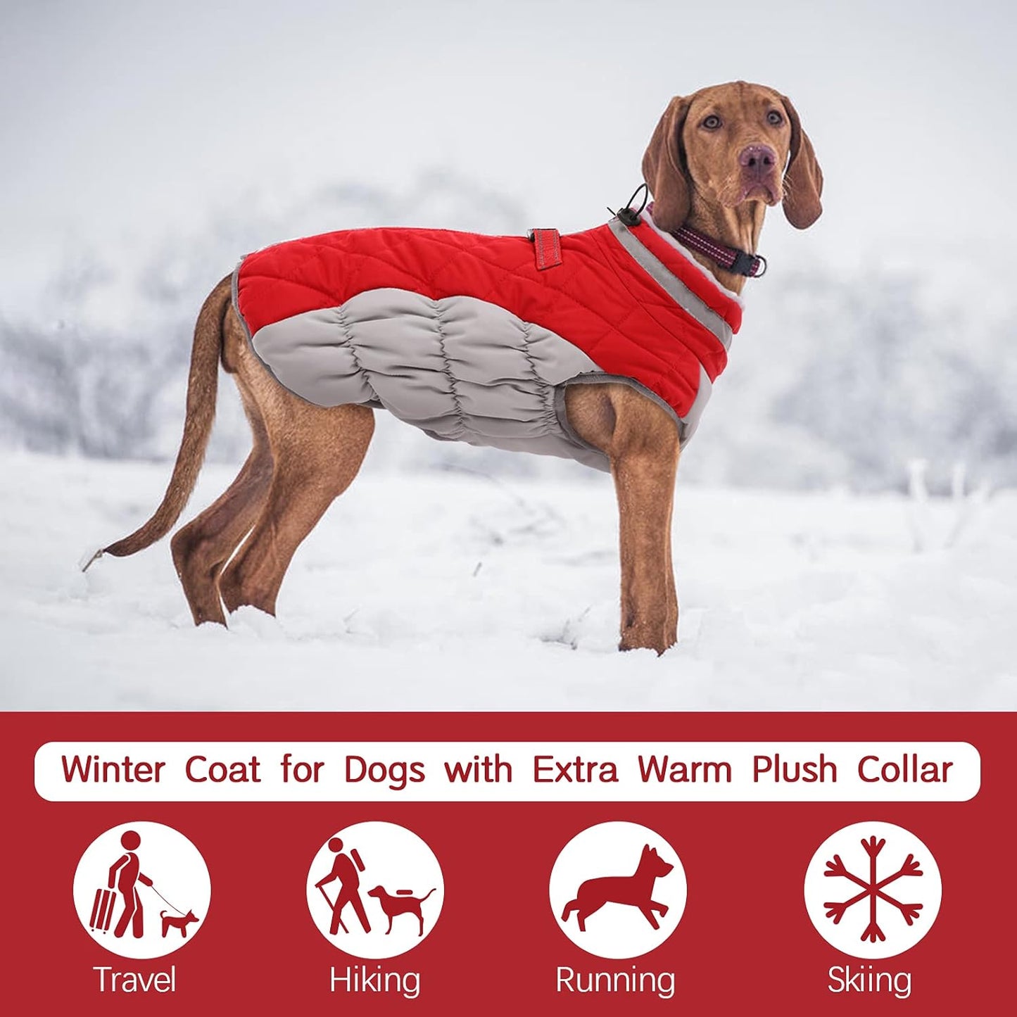 FUAMEY Dog Coat for Large Dogs,Waterproof Dog Winter Jacket with Harness Built in Puppy Cold Weather Coats Reflective Pet Vest with Zipper Warm Fleece Dogs Snowsuit Windproof Red L