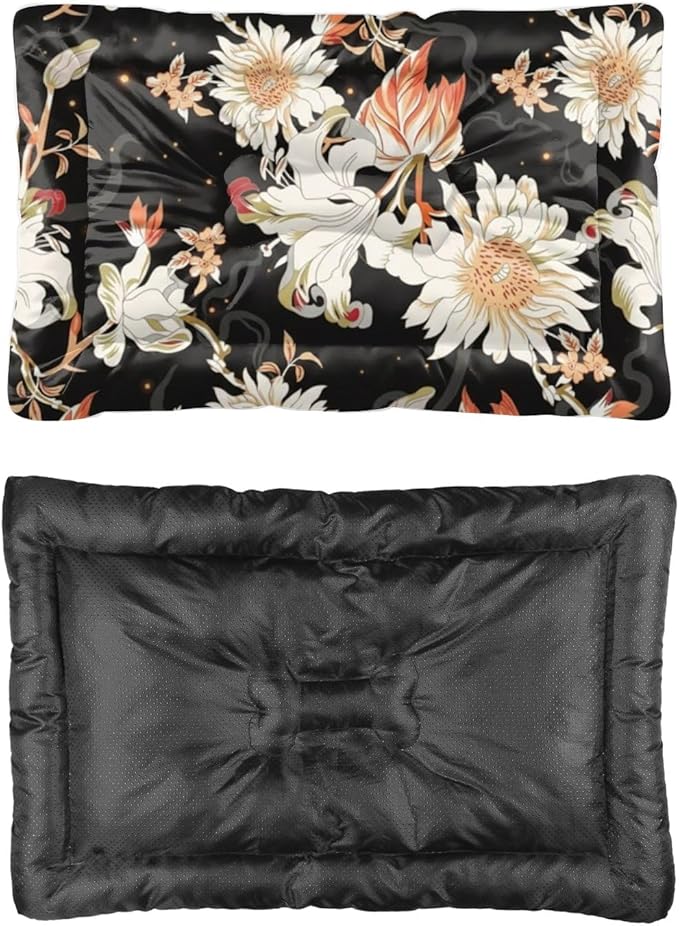 Night White Floral Washable Dog Beds Medium Sized Dog Crate Mattress Pad Kennel Pad Crate Cushion Washable Non-Slip Beds for Small Dogs Bed Mat Paw Cushion Indoor Outdoor 24X18 Inch